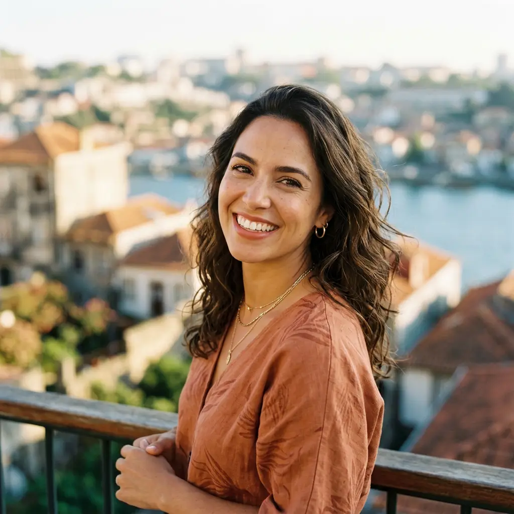 Smiling woman with wavy hair and orange blouse on balcony with city and water in background